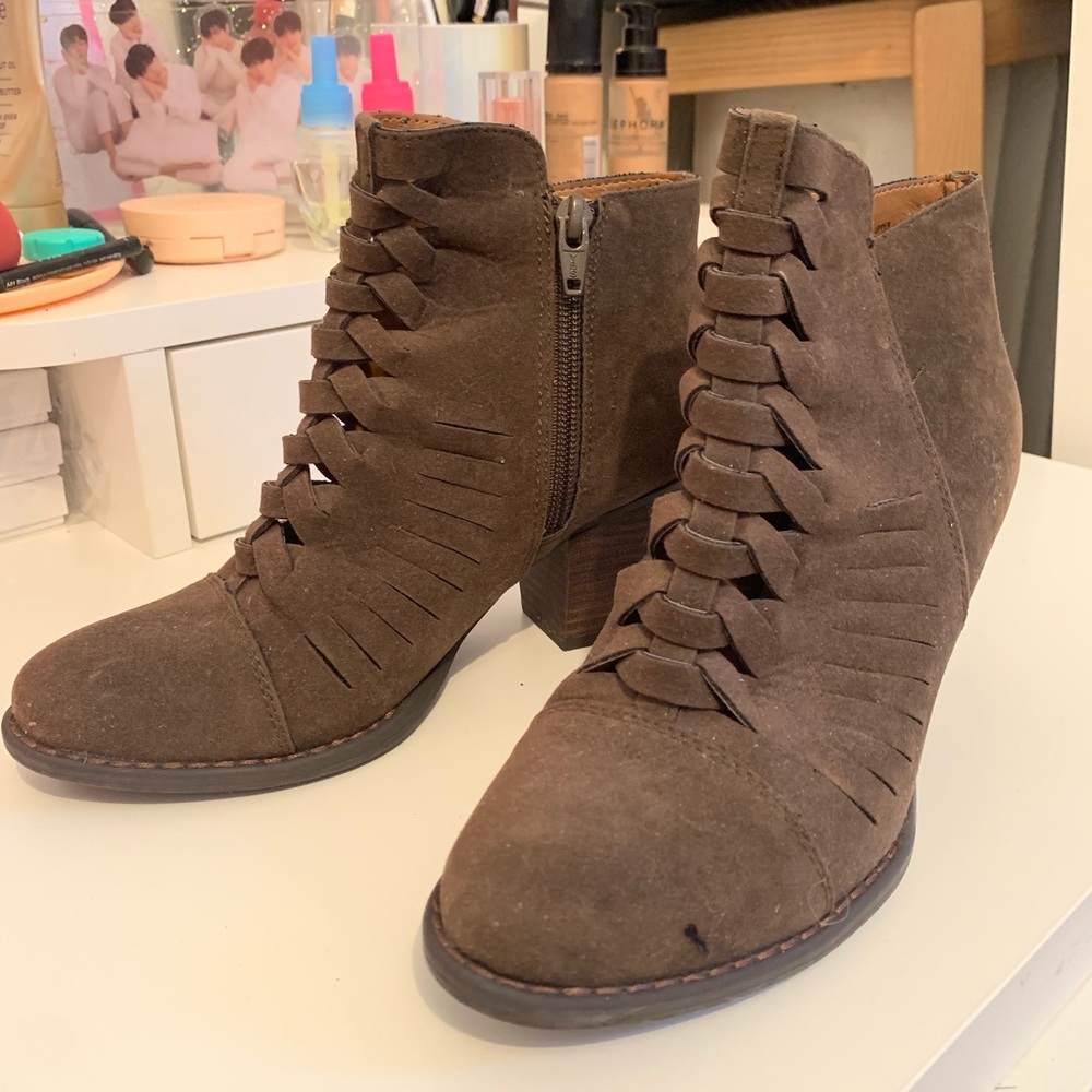 Olive green booties block heel ankle boots